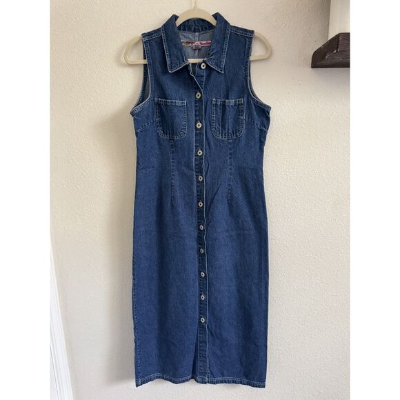 Me & You Vintage 90s Y2K Collar Long Denim Jean Button Up Dress Size Medium - Picture 2 of 6